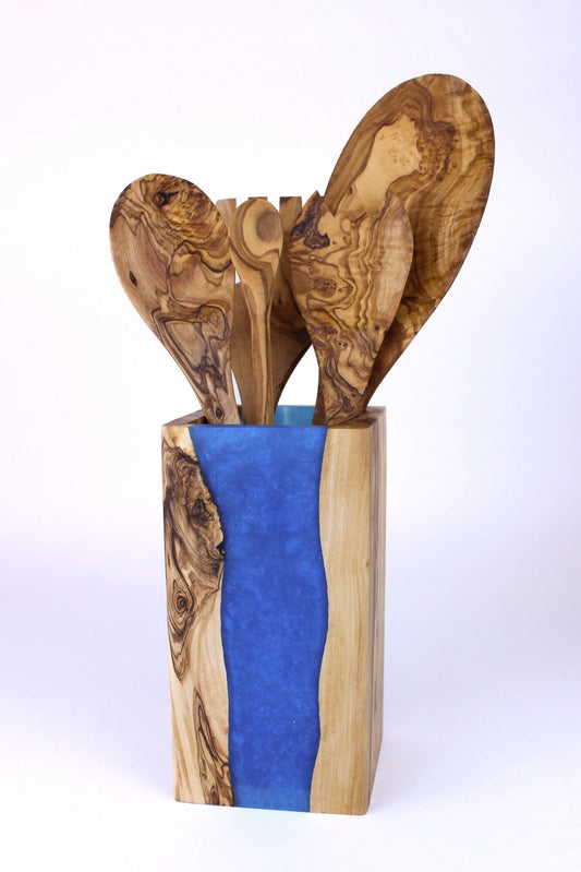 Olive Wood Utensil Holder with Blue Resin